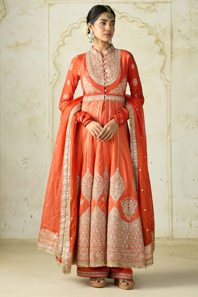Orange embroidered jacket anarkali set