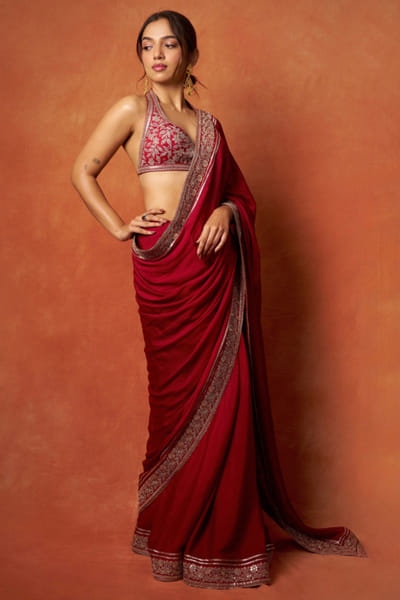 Red embroidered georgette sari set