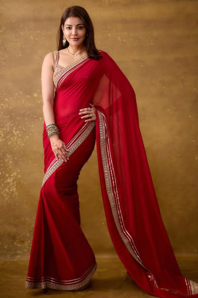 Red embroidered sari set