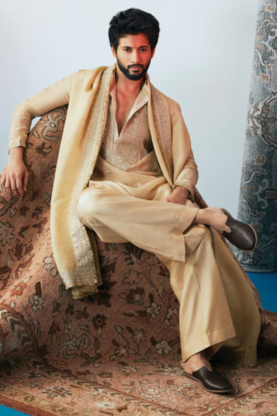 Beige tissue kurta set