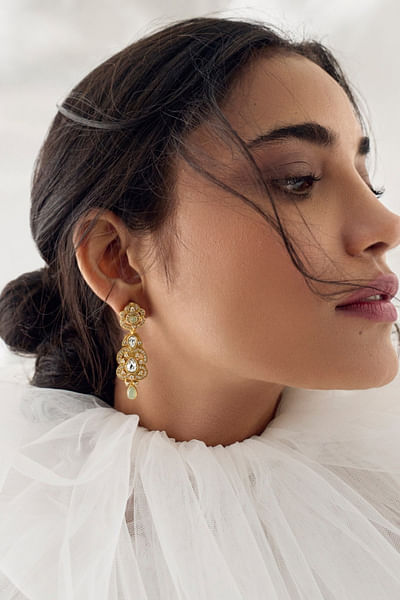 Gold zirconia and kundan stones earrings