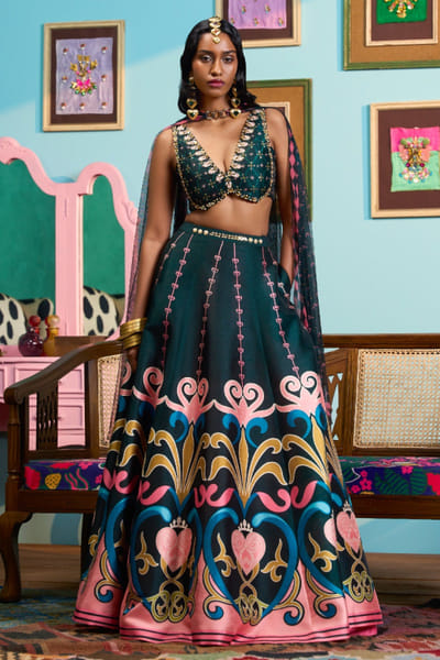 Green printed and embroidered lehenga set