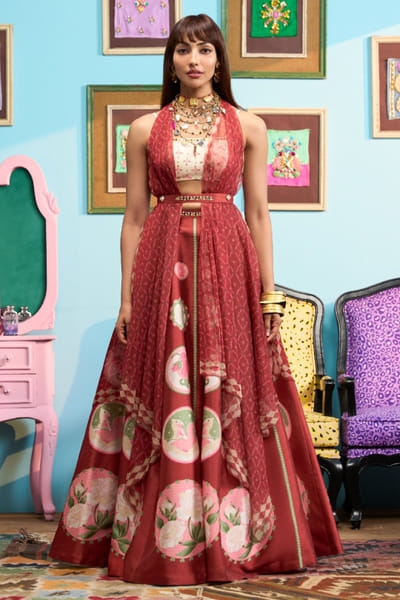 Rust red print-embroidered jacket lehenga set