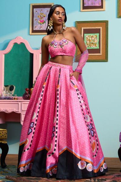 Pink printed and embroidered lehenga set