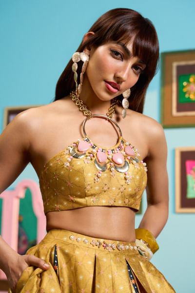 Mustard yellow print-embroidered lehenga set