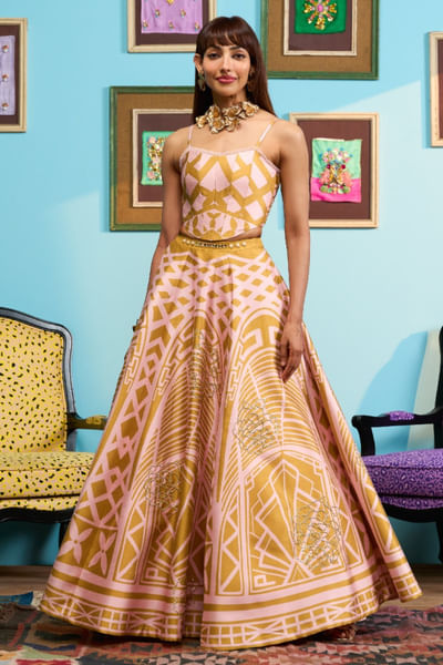 Mustard yellow print embroidered lehenga set