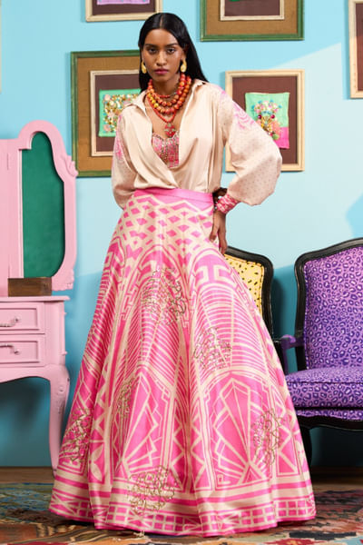 Pink print embroidered lehenga set