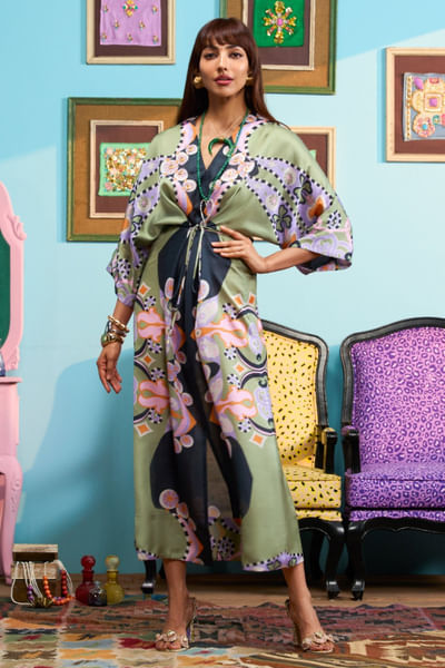 Black print-embroidered draped jacket set