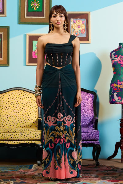 Green print embroidered corset draped sari set