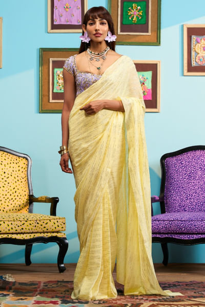 Yellow mirror embroidered pre-draped sari set