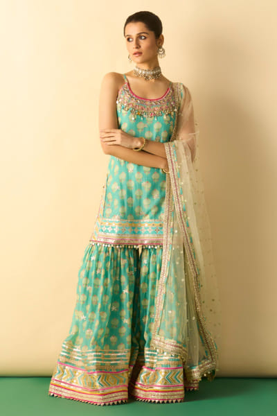 Gopi Vaid Aqua green embroidered sharara set GOPIJUL26D150624