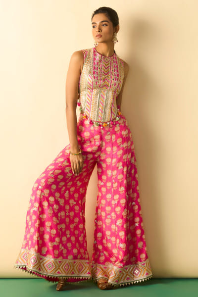 Gopi Vaid Pink block printed corset co-ord set GOPIJUL26D150625