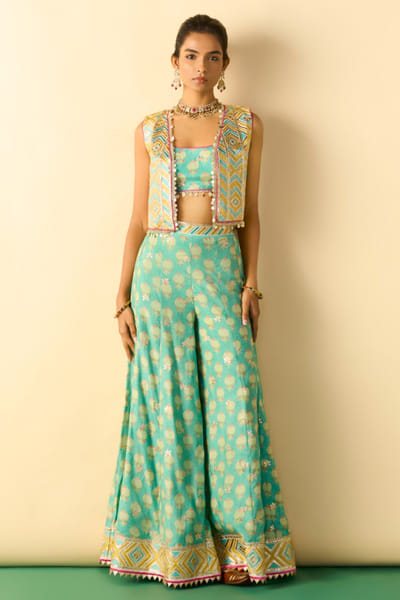 Gopi Vaid Aqua green foil printed jacket co-ord set GOPIJUL26D150628