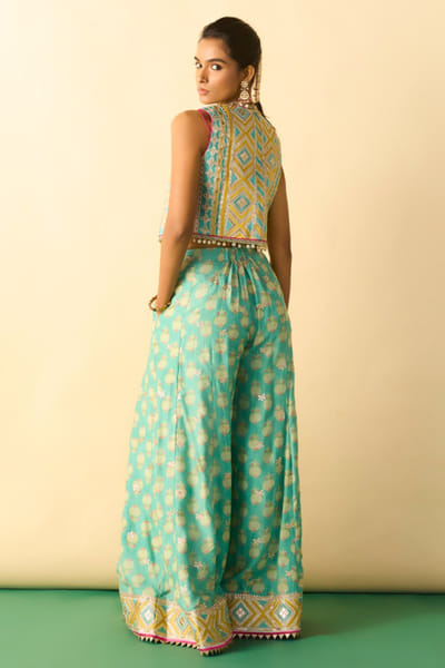 Gopi Vaid Aqua green foil printed jacket co-ord set GOPIJUL26D150628