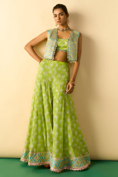 Gopi Vaid Lime green foil printed jacket co-ord set GOPIJUL26D150626