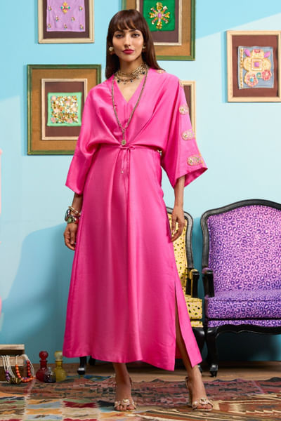 Pink embroidered and dyed kaftan dress