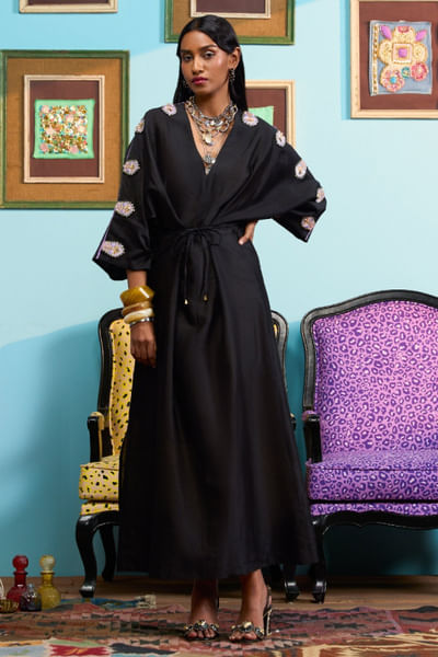 Black embroidered and dyed kaftan dress