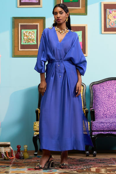 Blue embroidered and dyed kaftan dress