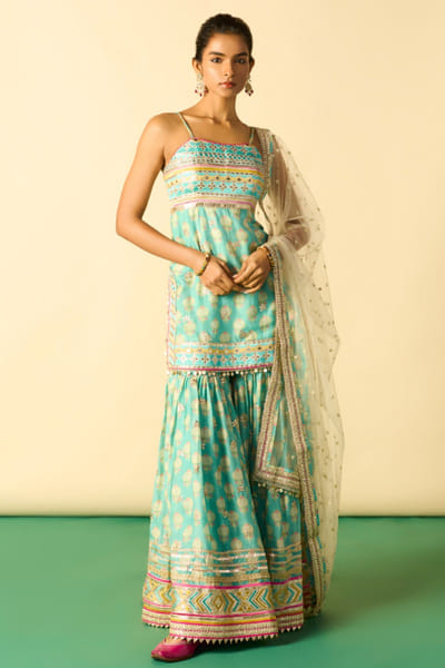 Gopi Vaid Aqua green print embroidered sharara set GOPIJUL26D150643