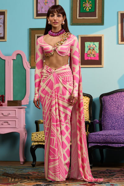 Pink print embroidered pre-draped sari set