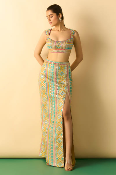 Gopi Vaid Aqua green print skirt set GOPIJUL26D150653