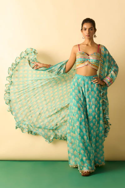 Gopi Vaid Aqua print embroidered cape set GOPIJUL26D150665