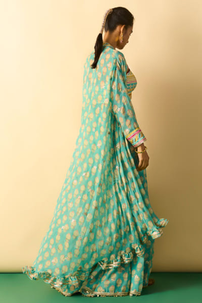 Gopi Vaid Aqua print embroidered cape set GOPIJUL26D150665
