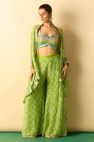 Gopi Vaid Lime green print embroidered cape set GOPIJUL26D150664