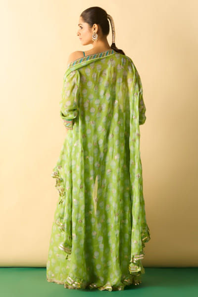Gopi Vaid Lime green print embroidered cape set GOPIJUL26D150664