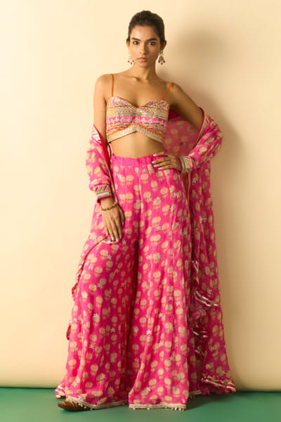 Gopi Vaid Pink print embroidered cape set GOPIJUL26D150666