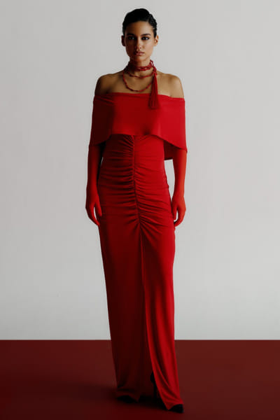 Red off shoulder jersey dress