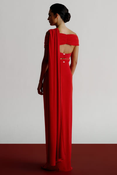 431-88 by Shweta Kapur Red pre draped knot sari 431JAN26D136263