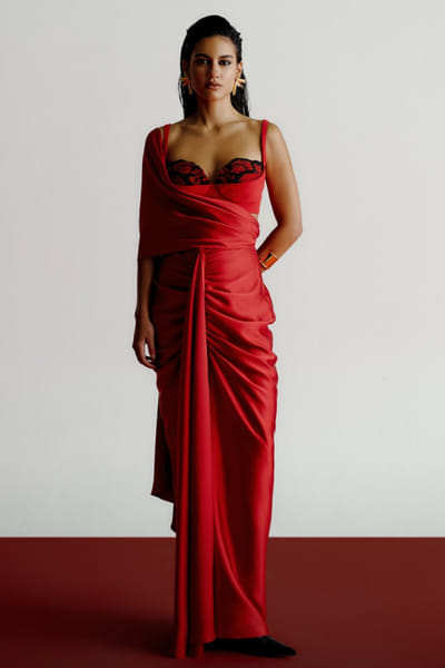 431-88 by Shweta Kapur Red pre draped pleated sari 431JAN26D136264