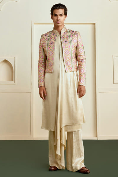Gopi Vaid Ivory geometric embroidered open jacket set GOPIAUG26D151716