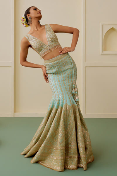 Gopi Vaid Ice blue thread embroidery mermaid lehenga set GOPIAUG26D152902