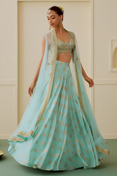 Gopi Vaid Ice blue embroidered cape lehenga set GOPIAUG26D152921