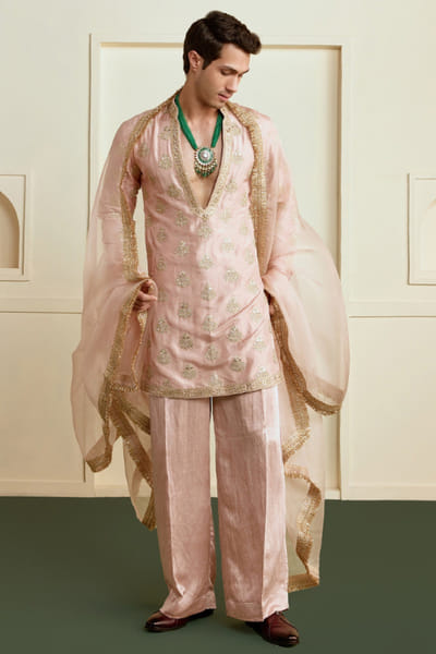 Gopi Vaid Pink-gold floral embroidered short kurta set GOPIAUG26D151699