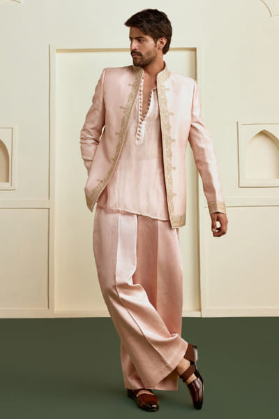 Gopi Vaid Pink embroidered structured open jacket set GOPIAUG26D151700