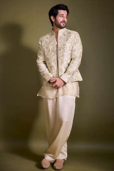 Gopi Vaid Ivory gold embroidered open jacket set GOPIAUG26D151719