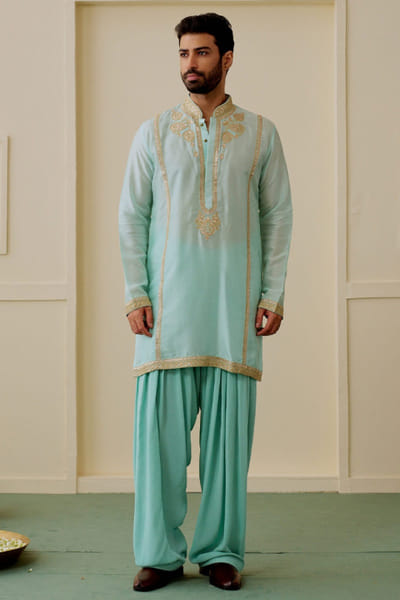 Gopi Vaid Aqua blue gold embellished kurta set GOPIAUG26D151710