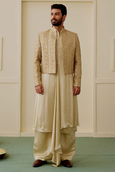 Gopi Vaid Ivory geometric embroidered open jacket set GOPIAUG26D151712