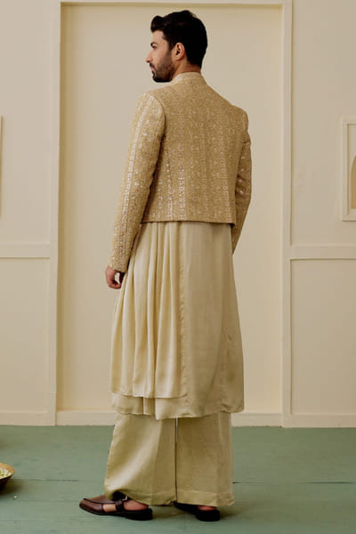 Gopi Vaid Ivory geometric embroidered open jacket set GOPIAUG26D151712