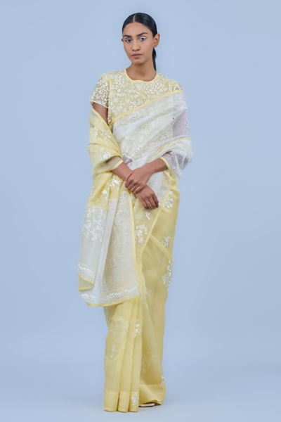 Yellow thread embroidered sari set
