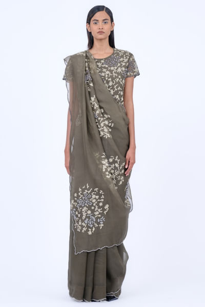 Khaki thread embroidered blouse