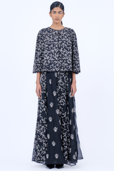 Black bead embroidery cape-style top