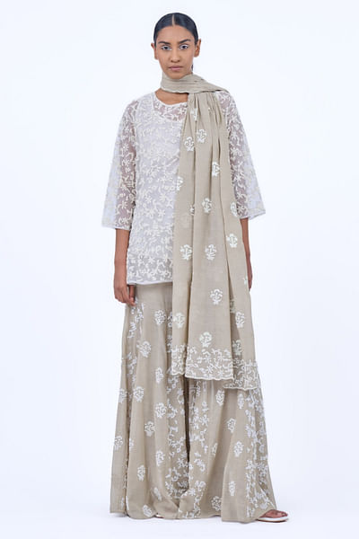 Beige bead embroidered short kurta