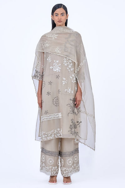 Beige bead embroidered dupatta