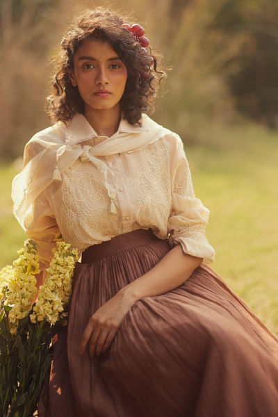 Mocha brown-ivory floral embroidered skirt set