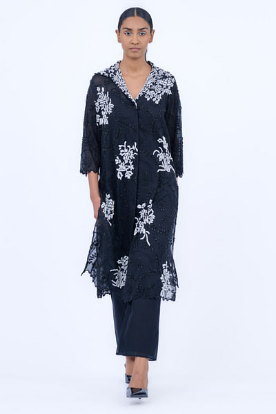 Black bead embroidered shirt-style kurta