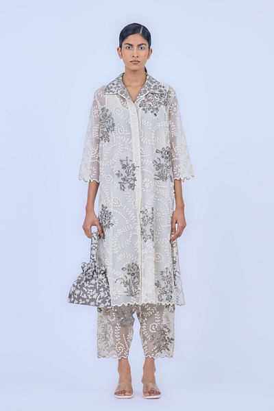 Ecru bead embroidered shirt-style kurta